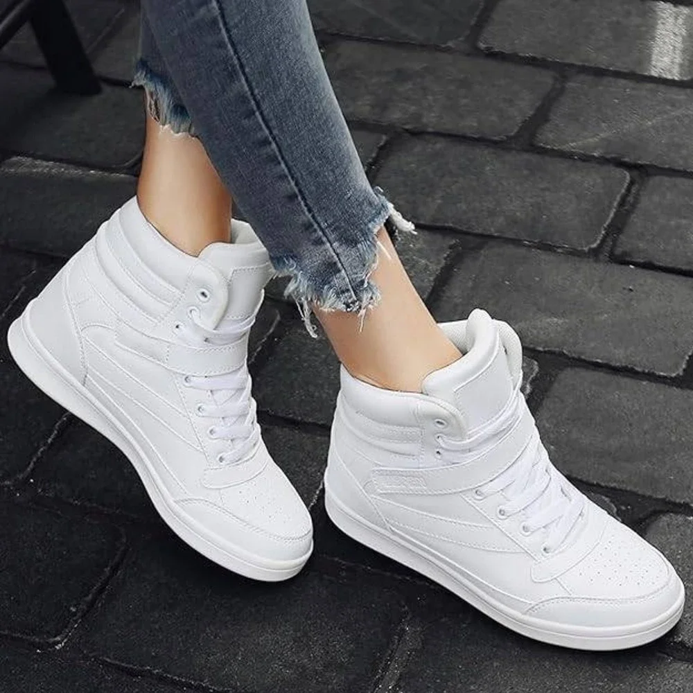 UBFEN‎ White High Top Fashion Sneakers Platform Lace Up Magic Sticker Shoes 37